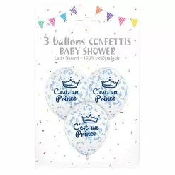 3 Ballons C'EST UN PRINCE 12'' 30 Cm Confettis Papier Bleu