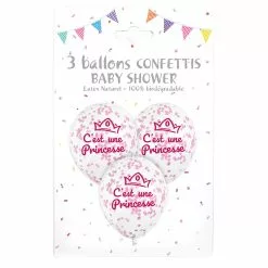 3 Ballons C'EST UNE PRINCESSE 12'' 30 Cm Confettis Papier Rose