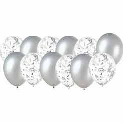 Pack De 12 Ballons 30cm 6 ARGENT + 6 Transparent Confettis Papier AR