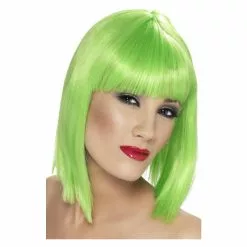 Perruque Glam, Verte Fluo, Cheveux Courts, Dégradés Avec Frange