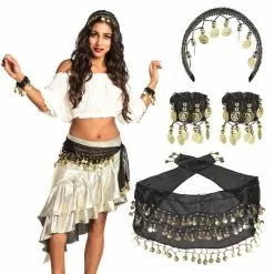 Set Belly Dance Noir (bandeau, Bracelets Et Ceinture)