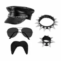 Set Rocker Casquette, Lunettes Party, Collier, Bracelet Et Moustache